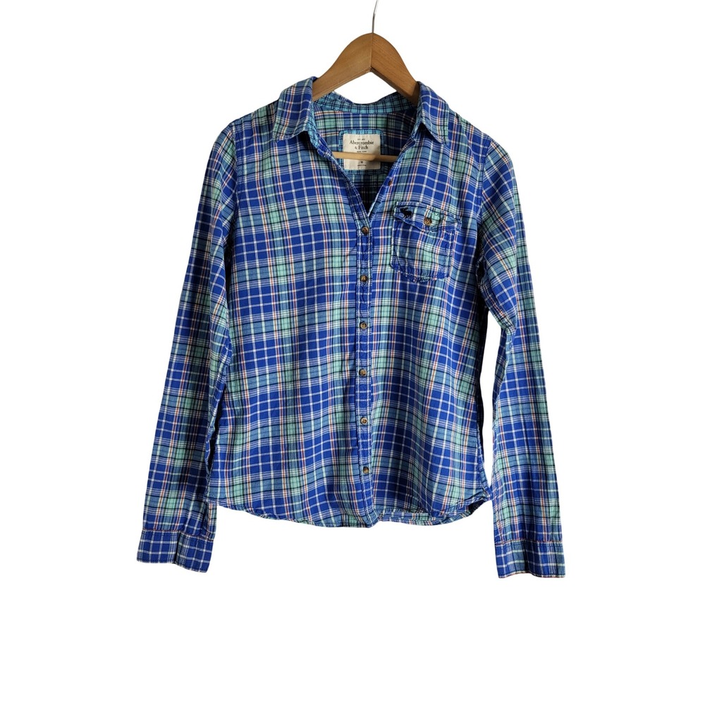 Abercrombie & Fitch Blue Green Plaid Cotton Button Down Shirt Size M Campcore